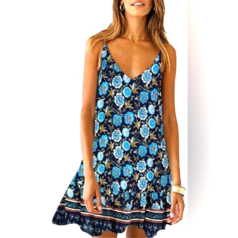 Boho Blue Floral Mini Sundress S Cotton Coastal Beach Resort Wear Euro Summer